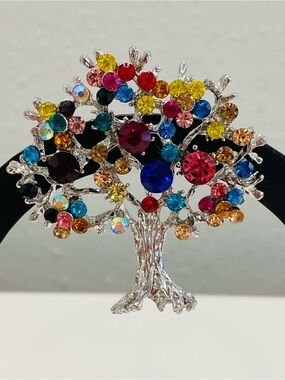 Tree of Life Brooch Multicolor Rhinestone Silvertone Colorful Tree Pin
